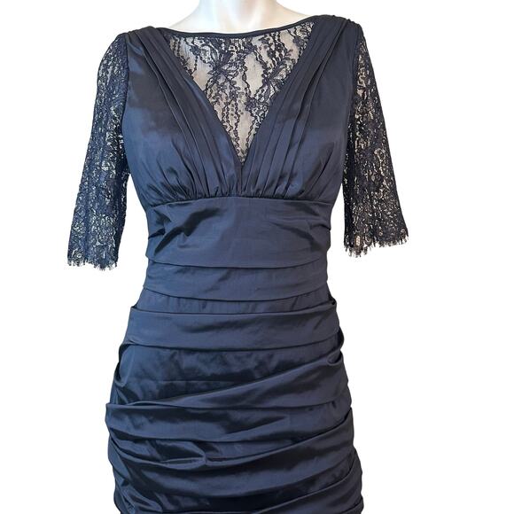 Theia Lace Sleeve Ruched Evening Dress 881865 Midnight Blue Mermaid Gown $748 8 - Picture 5 of 15
